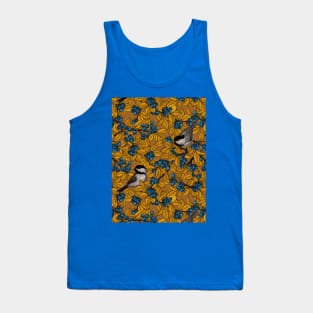 Chickadee birds on blueberry branches in yellow and mustard Tank Top